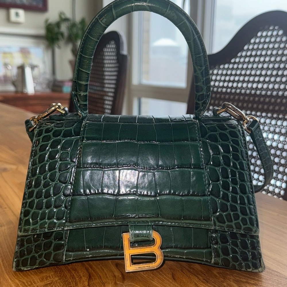 Balenciaga Hourglass Forest Green Crocodile Embossed Bag